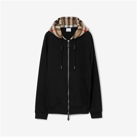 burberry cotton jersey zip-front hooded top|Check Hood Cotton Zip Hoodie in Black/archive beige .